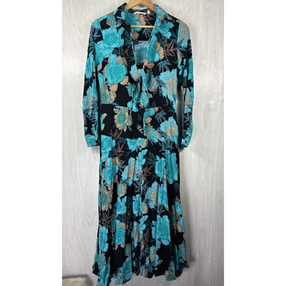 Soft Surroundings Womens M Teal Floral Maxi Dress Black Viscose Tie Front Boho